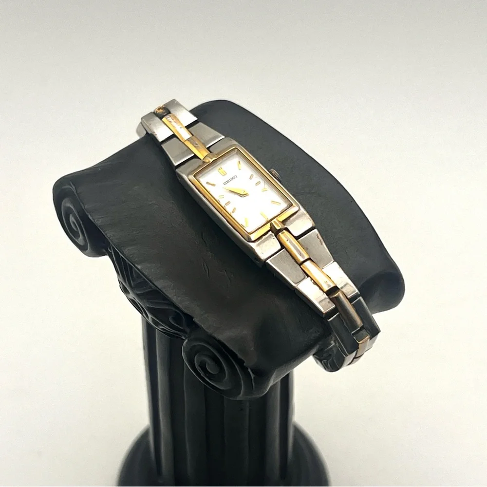 Vintage Seiko Two-Tone Skinny Rectangular Womens Watch New Battery - Picture 4 of 12